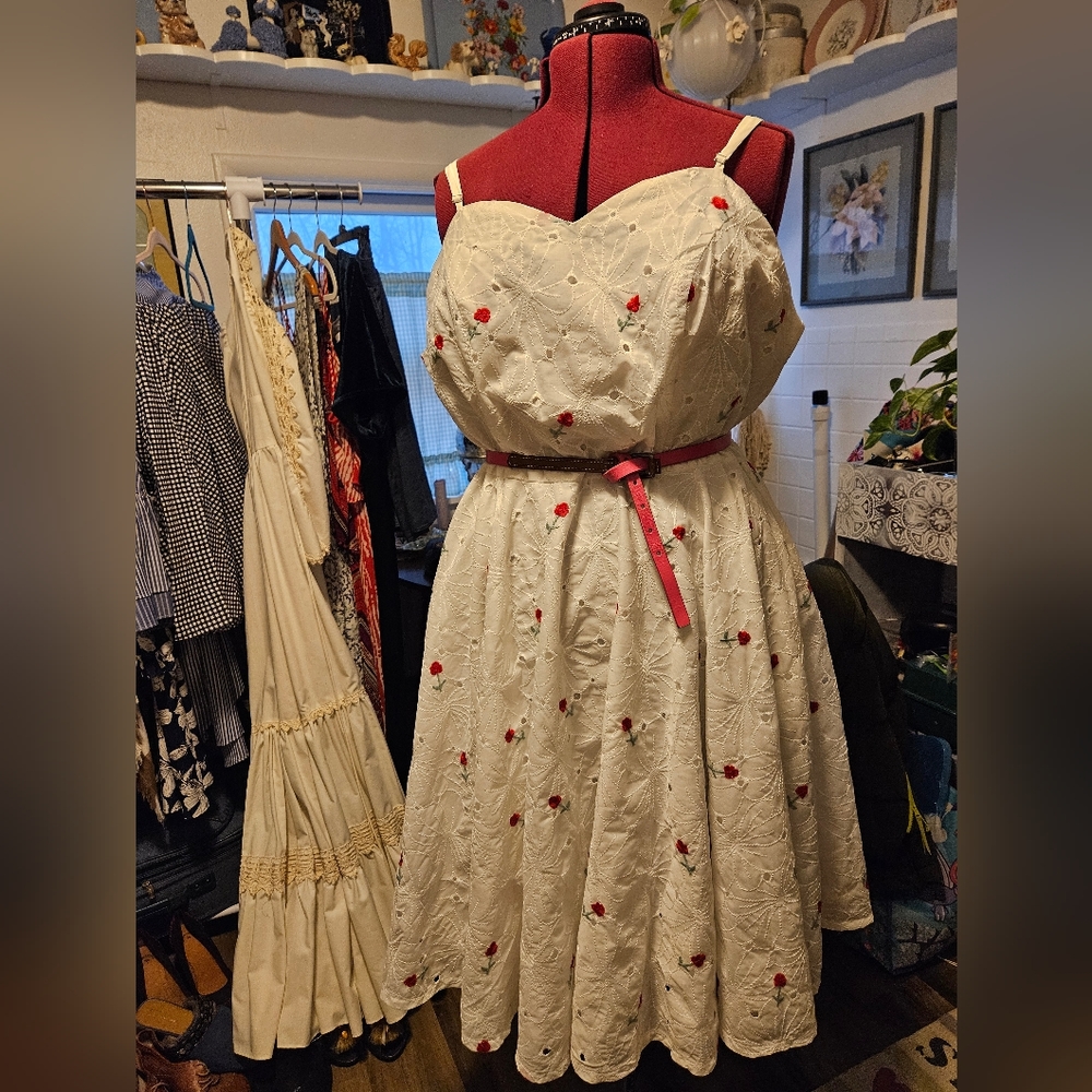 White Eyelet Dress with Red Flower Embroidery